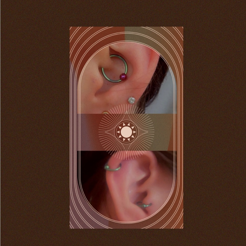 Green titanium daith, tragus, and helix rings